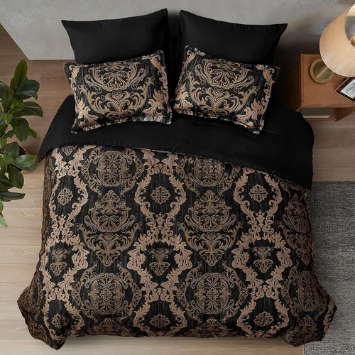 Miniatura 4 de WONGS BEDDING - Juego de edredón negro tamaño full, textura damasco dorado, juego de 7 piezas en una bolsa, de microfibra - 1 edredón, 1 sábana