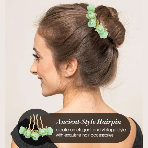 Miniatura 4 de inSowni 5 piezas vintage retro tradicional asiático chino Hanfu perla verde jade flor de pelo peines laterales diapositivas de metal horquillas