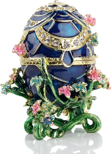 SEVENBEES Caja de joyería pintada a mano con diseño de huevos Faberge con bisagras con esmalte rico y diamantes de imitación brillantes, regalo para
