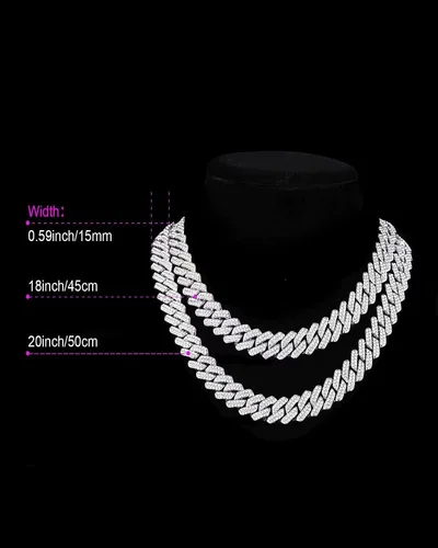 Miniatura 2 de 2 collares cubanos de cadena cubana de 0.59 pulgadas (0.591 in), pulsera cubana de plata con purpurina de diamantes de rap hip-hop, collar