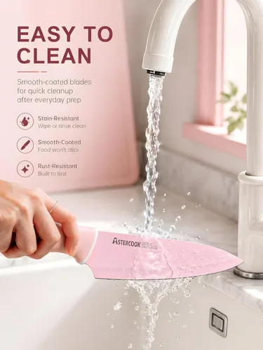 Miniatura 7 de Astercook Juego de cuchillos con bloque y afilador, juego de cuchillos de cocina de 22 piezas, apto para lavavajillas, bloque de cuchillos Rosa