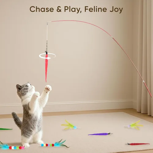 Miniatura 6 de Juguetes para Gatos de Interior, 11 Paquetes Juego de Varita Interactiva para Gatos con Juguetes de Plumas y Recambios de Cinta, Varita Retráctil