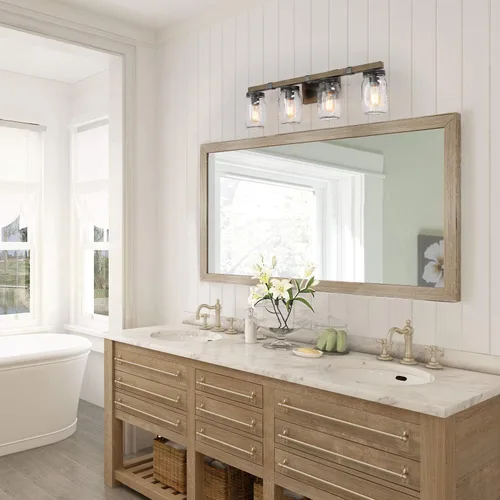 Miniatura 3 de LOG BARN Lámpara de tocador de baño rústica con vidrio Mason Jar Glass, apliques de pared de 4 luces, acabado de madera sintética, 29 pulgadas