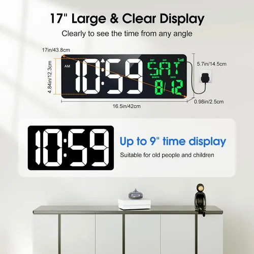 Miniatura 3 de Reloj de pared digital de 17 pulgadas, pantalla grande, tiempo de sincronización Bluetooth, atenuación automática, reloj de pared digital grande