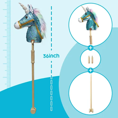 Miniatura 8 de HollyHOME Caballo de unicornio con lentejuelas, caballo de juguete artesanal con palo y ruedas de madera, sonidos reales de relincho y galope de Azul