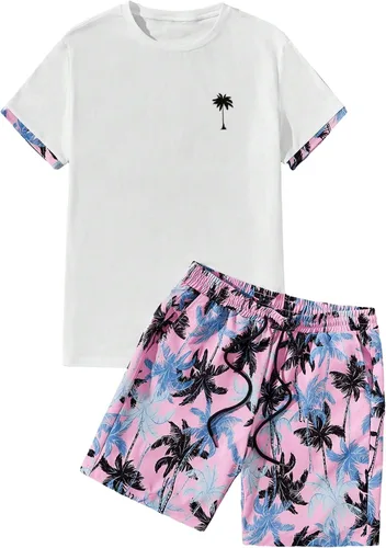 Miniatura 62 de GORGLITTER Conjunto de 2 piezas de camiseta gráfica de manga corta para hombre, estampado hawaiano con cordón y pantalones cortos