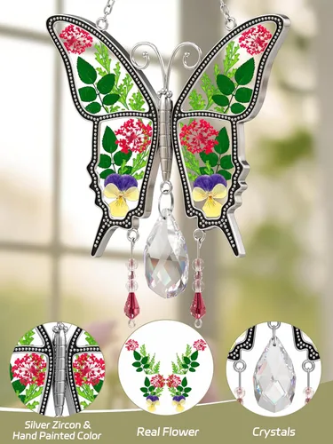 Miniatura 4 de KY&BOSAM Atrapasoles de cristal con diseño de mariposa para colgar ventanas, chaim de viento con flor preservada y dije de corazón de metal, regalo