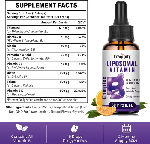 Miniatura 8 de Complejo de vitamina B liposomal líquido sublingual complejo B suplemento de vitaminas para mujeres y hombres mejora la absorción metilada B12, B1