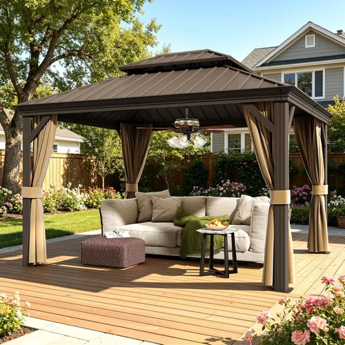 Miniatura 23 de Cenador de techo rígido de 12'x16', Cenador de patio de aluminio para exteriores con toldo de acero galvanizado de doble techo con malla y cortinas