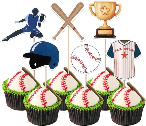 Miniatura 10 de Rsstarxi Paquete de 30 adornos para cupcakes de béisbol con trofeo con purpurina, jugadores de béisbol, pelota deportiva, decoración para temática