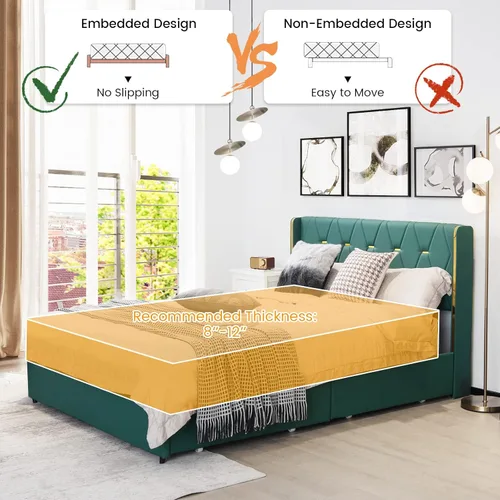 Miniatura 6 de Giantex Base de cama tapizada con 4 cajones, cama de piel sintética de tamaño matrimonial, marco de cama resistente sin ruido, fácil montaje, sin