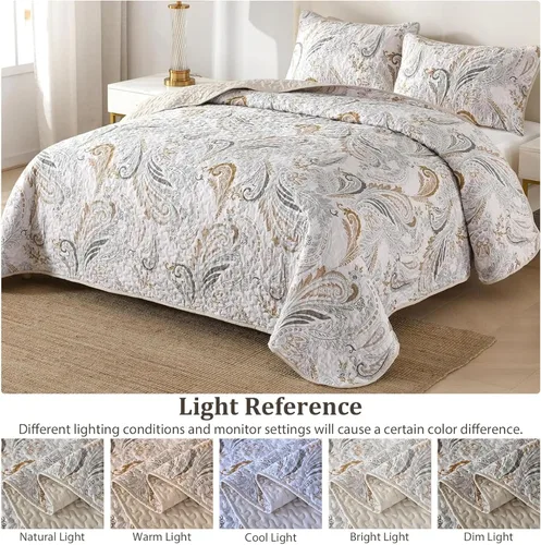 Miniatura 4 de WONGS BEDDING Juego de edredón bohemio tamaño Queen, juego de colcha y cubrecama con estampado floral paisley beige con 2 fundas de almohada, juego