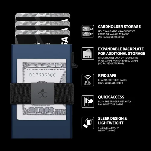 Miniatura 18 de Cartera delgada de aluminio para hombre, placa trasera expandible duradera, bloqueo RFID, billetera desplegable de metal minimalista, con capacidad
