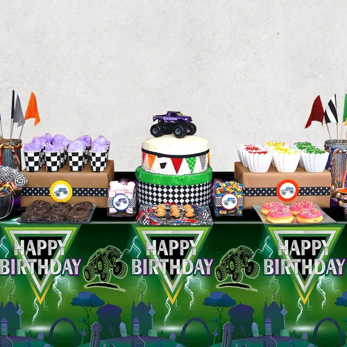 Miniatura 4 de Manteles de camión monstruo verde y morado – Funda rectangular desechable para baby shower, fiesta de cumpleaños de niños, decoración de mesa