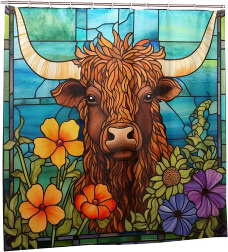 Miniatura 7 de Highland - Cortina de ducha de vaca para baño, diseño de hojas de flores, juego de cortina de ducha estilo bohemio, tela abstracta de animales