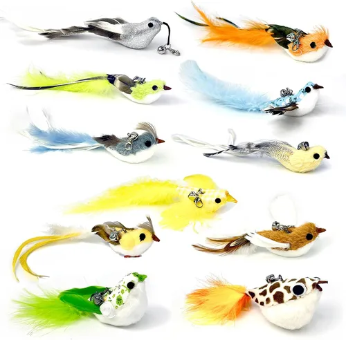 Miniatura 8 de 11 piezas de recargas realistas de juguetes de pájaros para gatos – Juguetes de plumas hechos a mano para gatos con campana, accesorios de varita