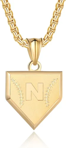 Miniatura 41 de Collar con inicial de la A a la Z para niños, de acero inoxidable, con dije de escudo de letra, cadena de 22 + 2 pulgadas, inspirador de béisbol