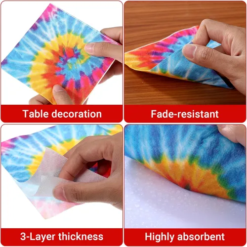 Miniatura 3 de Censen 100 servilletas con temática de teñido anudado, de papel Groovy, desechables, arco iris, fiesta, cóctel, cena, almuerzo, suministros