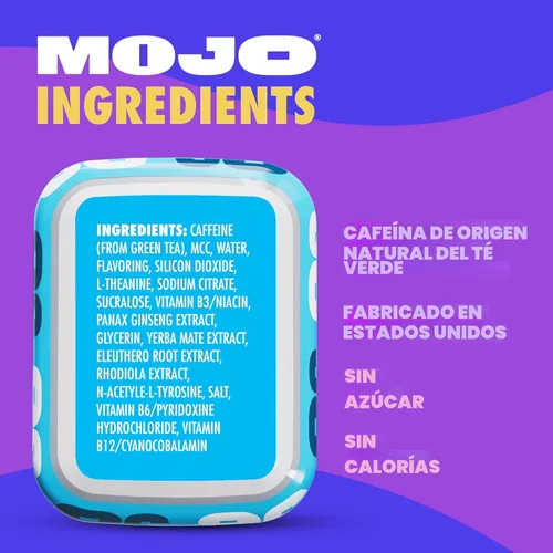 Miniatura 6 de Bolsas de Energía MOJO Sabor Menta, 50 mg de Cafeína por Bolsa, 15 Bolsas, Paquete de 5