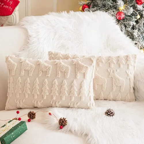Miniatura 16 de AQOTHES Juego de 2 fundas de almohada de alce navideño de 18 x 18 pulgadas, suave piel sintética color beige crema, almohadas decorativas de Navidad