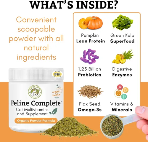 Miniatura 3 de Wholistic Pet Organics Feline Complete Organic Pumpkin - 4 onzas - Multivitamínico y probiótico en polvo para gatos - Alimento natural para gatos