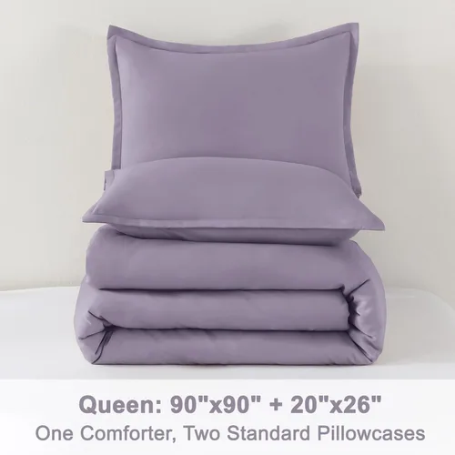 Miniatura 9 de Litanika - Juego de edredón de tamaño queen, 3 piezas, color morado lavanda grisáceo, ligero, unicolor, para todas las estaciones, esponjoso Morado