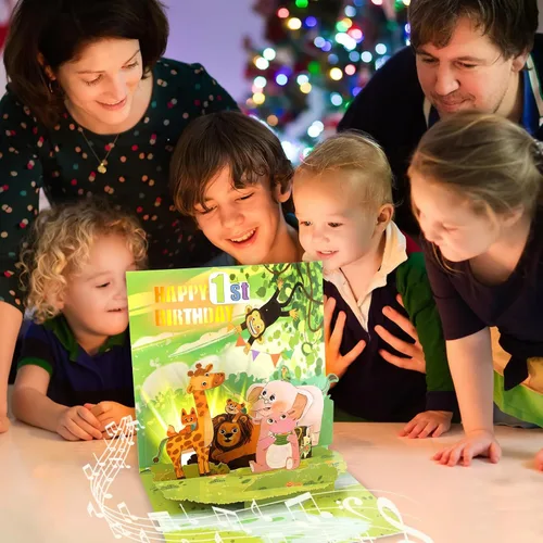 Miniatura 3 de Ecloverlife Tarjetas de primer cumpleaños para niños y niñas, tarjetas desplegables con luces coloridas y música de feliz cumpleaños, regalos