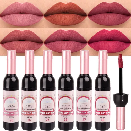 evpct Tinte de Labios Mancha de Vino Juego de 6 Colores de Larga Duración Impermeable, Rosa cálido neutro Marrón nude Arándano profundo Malva rosa