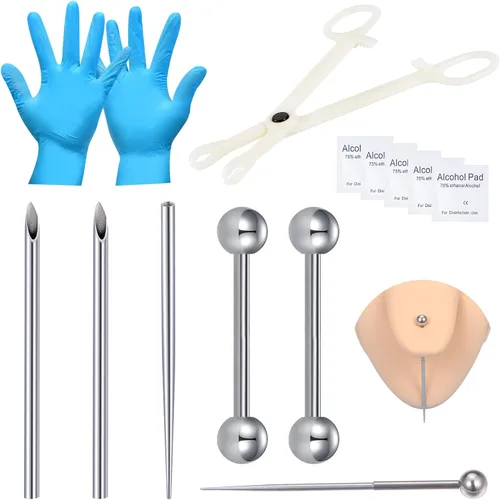 Miniatura 7 de DJCIW Kit de Perforación con Agujas Desechables 12G 14G 16G 18G, Pinzas, Dilatador para Ombligo, Nariz, Tabique, Pezón, Lengua, Ceja, Labio Kit