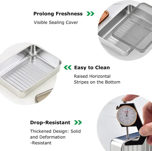 Miniatura 6 de Contenedor de Tocino para Nevera, 1 Paquete de Contenedores Herméticos de Carne para Delicatessen de Acero Inoxidable 304 con Tapas para Nevera