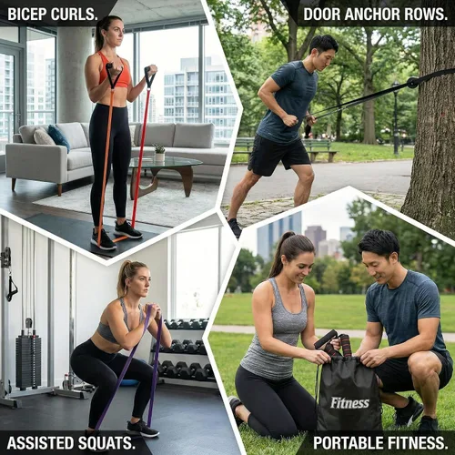 Miniatura 5 de Juego de bandas de resistencia para entrenamiento, 5 niveles (15-85 libras) con asas, anclaje de puerta, bolsa de almacenamiento, bandas de fitness