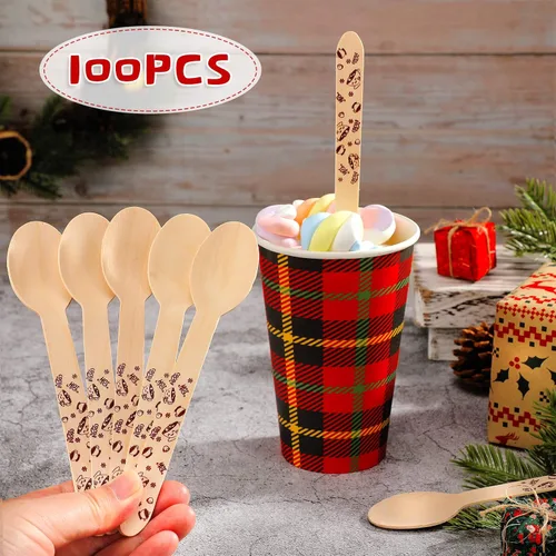 Miniatura 3 de Eaasty 100 cucharas de madera para chocolate caliente y cacao – 6 pulgadas desechables de Navidad malvavisco, bastón de caramelo, barra