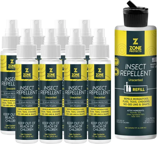 Paquete de aerosol repelente de insectos de picaridina; sin perfume; contiene ocho botellas de spray de 1 onza más un repuesto de 8 onzas;
