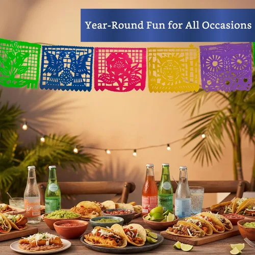 Miniatura 8 de Pancartas de fiesta mexicana (paquete de 5 con 10 banderas de plástico por bandera), papel picado mexicano para fiesta, papel picado de plástico