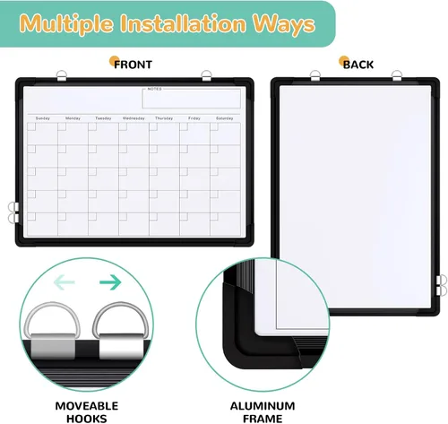 Miniatura 3 de Pizarra blanca con calendario mensual para pared, pizarra de borrado en seco de 16 x 12 pulgadas, pequeña pizarra blanca magnética, tablero colgante