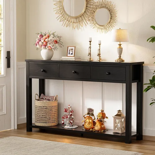 Miniatura 2 de Homieasy Mesa consola de granja con 3 cajones, mesa de sofá de madera de 47 pulgadas con estante de almacenamiento para sala de estar, detrás