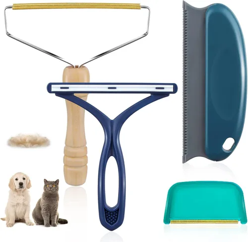 Removedor de pelo de mascotas – Paquete de 4 removedores de pelo de perros y gatos para muebles, removedor de pelusa reutilizable, rastrillo Azul