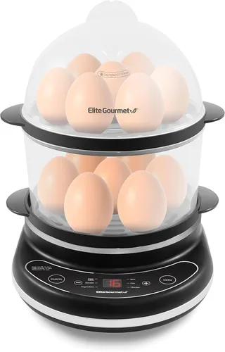 Elite Gourmet EGC314CB - Cocedor de huevos digital fácil, vaporizador de alimentos, escalfador, huevo blando, medio, duro con 6 funciones Carbón