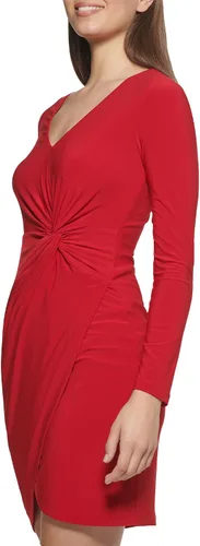 Miniatura 3 de GUESS Vestido de manga larga con cuello en V y detalle de nudo para mujer