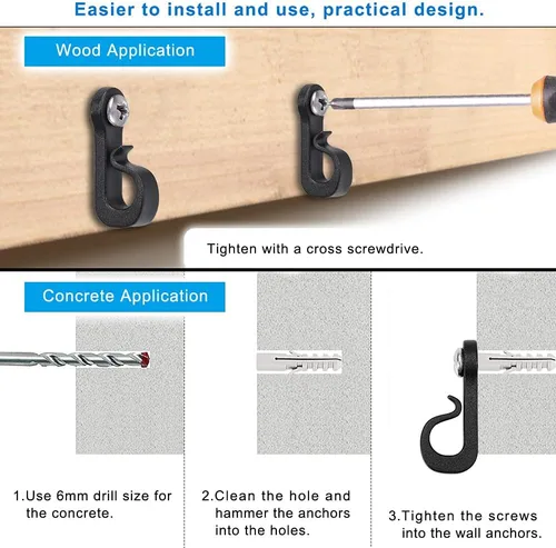 Miniatura 5 de SELEWARE Q - Ganchos para colgar luces de cadena, Navidad con tornillo, ganchos para interiores y exteriores, clips para colgar luces de hadas
