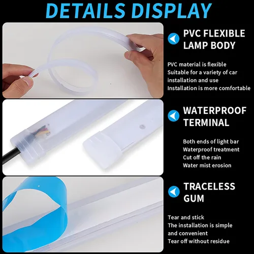 Miniatura 4 de Vilihkc 2 unids LED DRL Coche Correr Luz Flexible Impermeable Tira Auto Faros Blanco Señal Giratorio Amarillo Flujo de Freno Luces 12V Blanco que