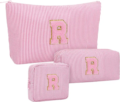 Miniatura 51 de Juego de bolsas de maquillaje con iniciales para niñas y mujeres, bolsa de cosméticos con monograma con soporte para cepillos, estuche de maquillaje