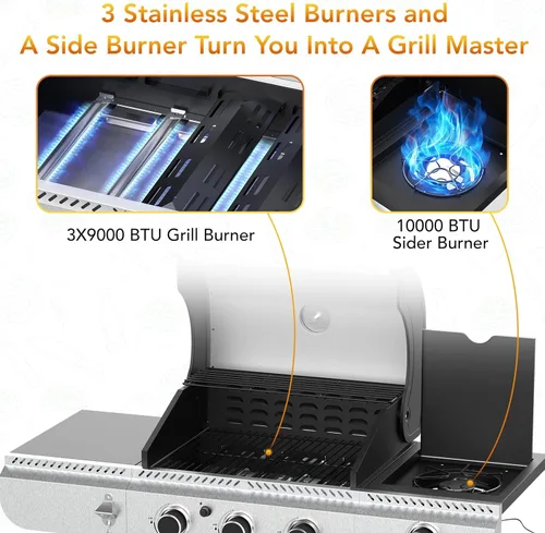 Miniatura 6 de Barbacoa de 3 quemadores de gas propano con quemador lateral, parrilla de barbacoa de acero inoxidable con rejillas de hierro fundido esmaltadas