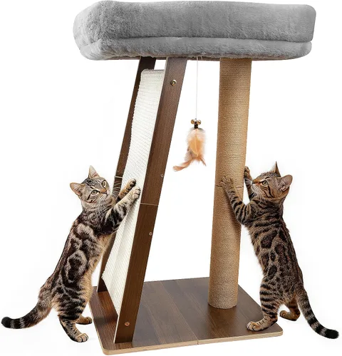 Miniatura 10 de Poste rascador para gatos de 31.5 pulgadas, muebles multifuncionales de madera de pino natural 3 en 1, postes altos para rascar con percha