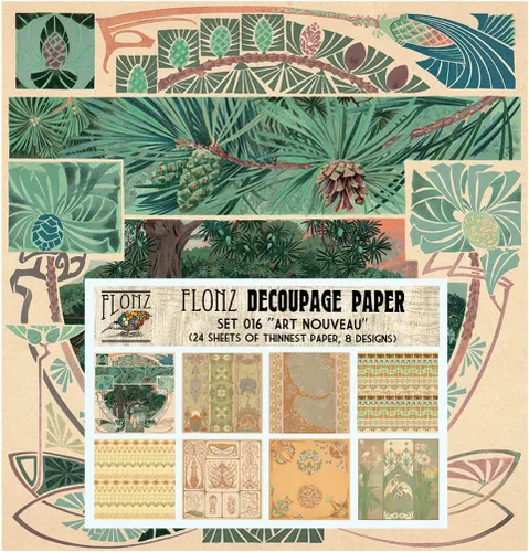 Paquete de papel para decoupage (24 hojas 15x15 cm) Marcos Art Nouveau con adornos FLONZ Papel vintage estilizado para decoupage y manualidades