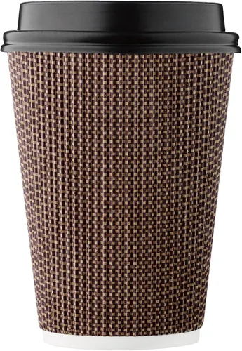 Paquete de 100 tazas de café desechables de 12 onzas, taza de papel de doble pared con tapa con ondulación aislada, diseño geométrico marrón, té