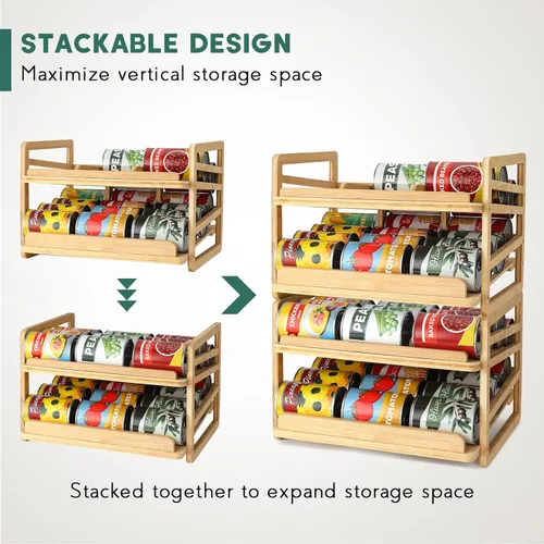 Miniatura 6 de Yumkfoi Estante organizador de latas de bambú, apilable de doble capa y almacenamiento para despensa, dispensador de productos enlatados