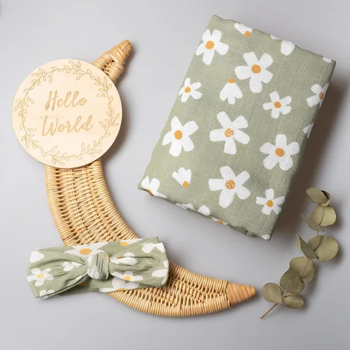 Miniatura 2 de Miaoberry Daisy Garden - Juego de arrullos de muselina floral de primavera para bebé niña Manta de algodón 100% orgánico con lazo a juego