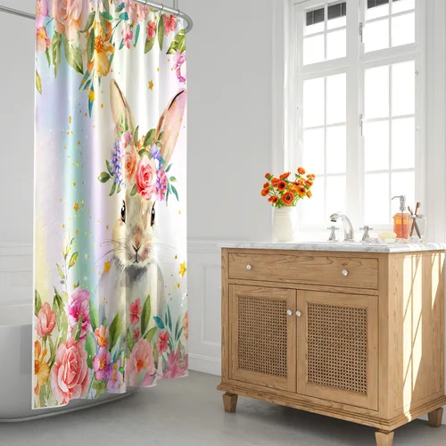 Miniatura 8 de Lokigo - Linda cortina de ducha con conejos, cortinas de ducha divertidas con conejos de Pascua para decoración de baño, cortina de ducha de tela