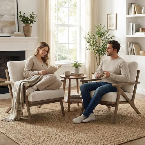 Miniatura 18 de HNY Mid-Century - Silla decorativa tapizada moderna, sillón de tela de lino con marco de madera maciza, cómoda silla de descanso con almohada